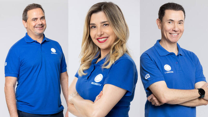 Montagem de Carioca, Mylena Ciribelli e Lucas Pereira, utilizando o uniforme azul de esportes da Record TV