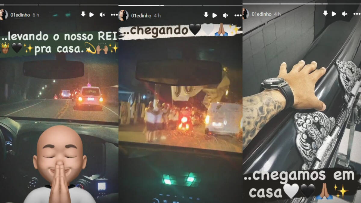 Trechos de prints da publicação de Edinho nos stories do Instagram. Montagem de imagens no comboio do cortejo, da chegada em Santos em torcedores e da mão de Edinho sobre o caixão do pai