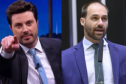 Danilo Gentili (apontando para tela) e Eduardo Bolsonaro (discurso no plenário) em uma montagem