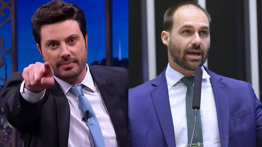 Danilo Gentili (apontando para tela) e Eduardo Bolsonaro (discurso no plenário) em uma montagem