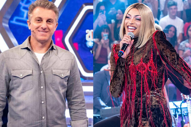 Montagem de Luciano Huck, no palco do Domingão, com Pabllo Vittar se apresentando