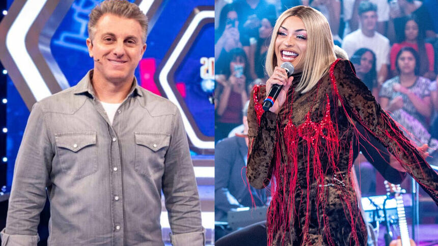 Montagem de Luciano Huck, no palco do Domingão, com Pabllo Vittar se apresentando