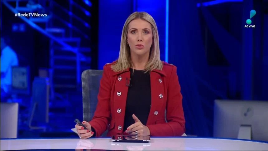 Erica Reis sentada na bancada do RedeTV news, em trecho de uma edição