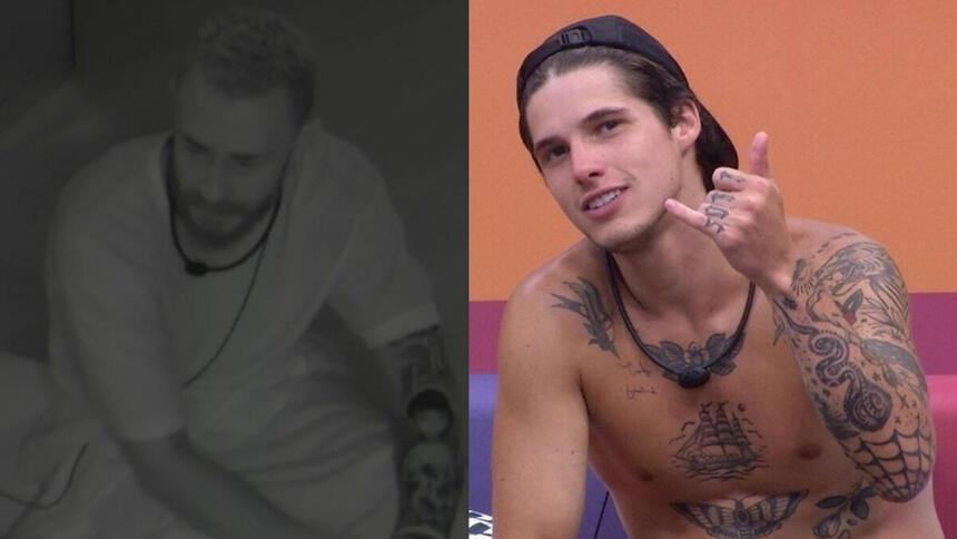 Fred, sentado no quarto do líder do BBB 23, com as luzes já apagadas, em montagem com Gabriel, na área externa do BBB 23