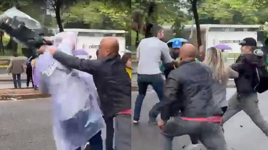 Jornalistas sendo agredidos e emburrados por manifestantes bolsonaristas, em trecho de confusão em Belo Horizonte