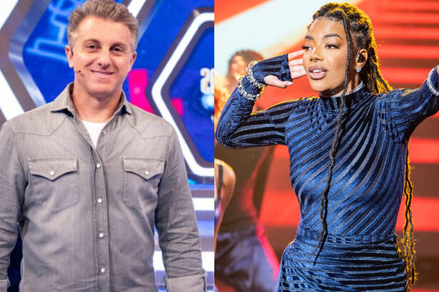 Montagem de Luciano Huck, no palco do Domingão, com Ludmilla se apresentando