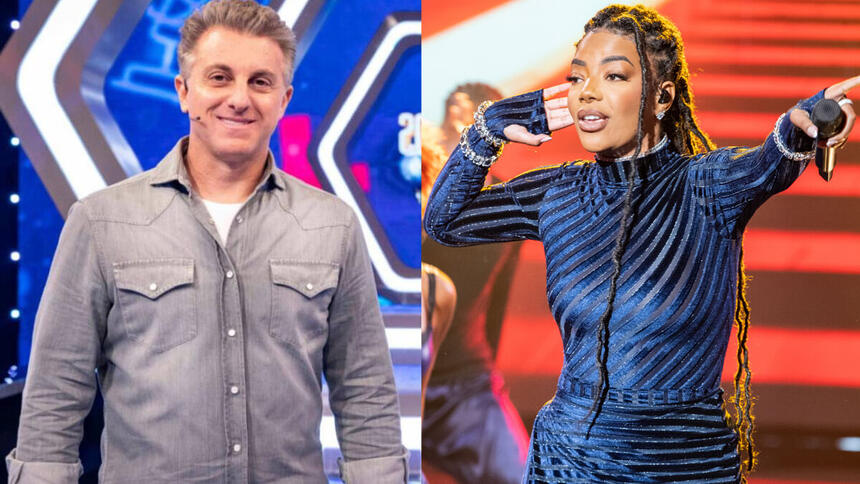 Montagem de Luciano Huck, no palco do Domingão, com Ludmilla se apresentando