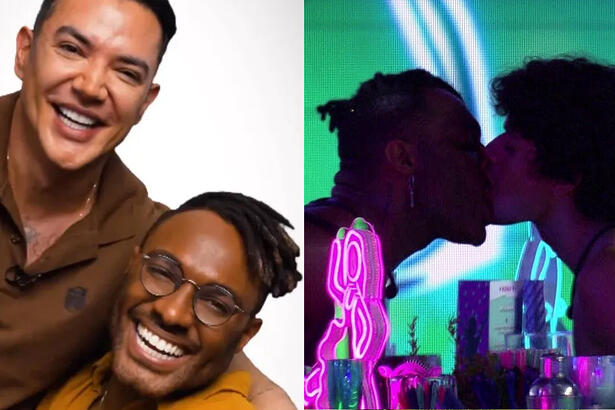 Imagem 1: Fábio Gelonese e Fred Nicácio sorrindo durante ensaio fotográfico; Imagem 2: Fred e Gabriel Santana beijando durante festa no BBB 23