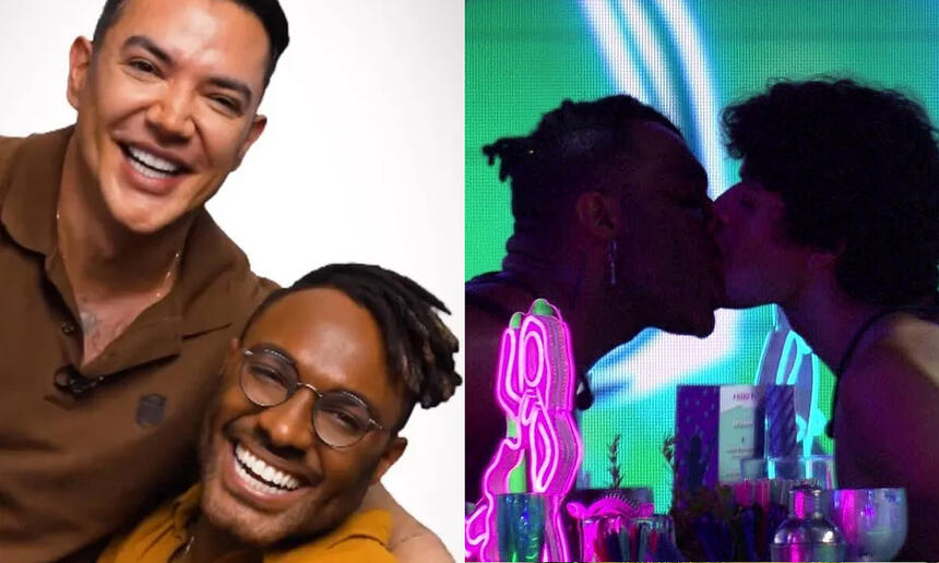 Imagem 1: Fábio Gelonese e Fred Nicácio sorrindo durante ensaio fotográfico; Imagem 2: Fred e Gabriel Santana beijando durante festa no BBB 23