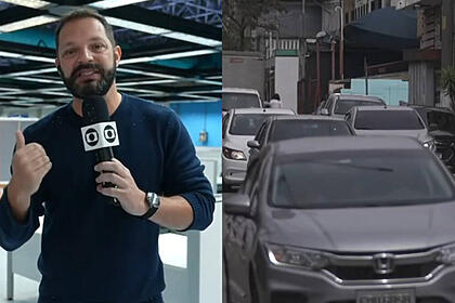 Montagem do repórter Mateus Luz, em uma entrada ao vivo no Mais Você, com carros em uma roupa de São Paulo