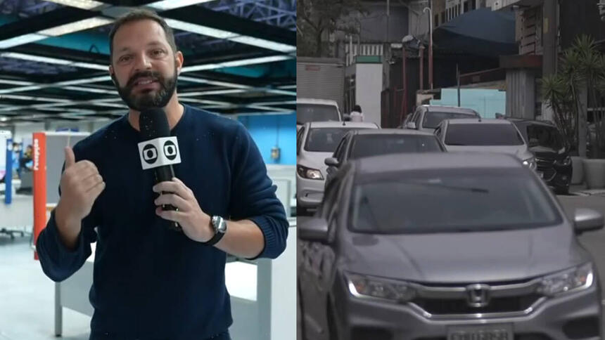 Montagem do repórter Mateus Luz, em uma entrada ao vivo no Mais Você, com carros em uma roupa de São Paulo