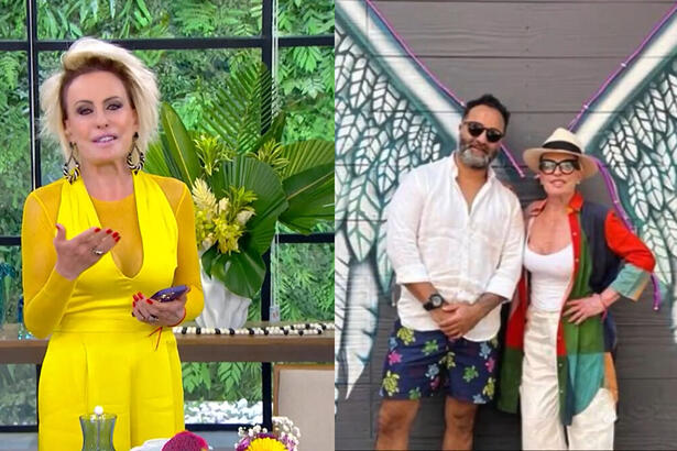 Montagem com duas fotos, na primeira Ana Maria Braga aparece de vestido amarelo no retorno ao Mais Você e na segunda imagem, ela está ao lado de Fábio Arruda apontado como novo namorado da apresentadora