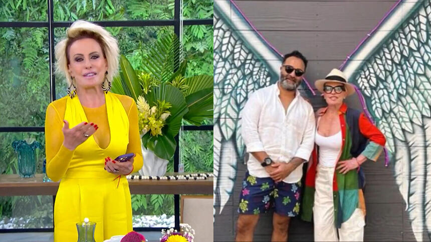 Montagem com duas fotos, na primeira Ana Maria Braga aparece de vestido amarelo no retorno ao Mais Você e na segunda imagem, ela está ao lado de Fábio Arruda apontado como novo namorado da apresentadora