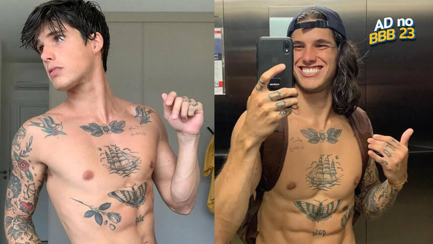 Candidato a vaga no BBB 23, Gabriel exibe suas mais de 50 tatugens pelo corpo.