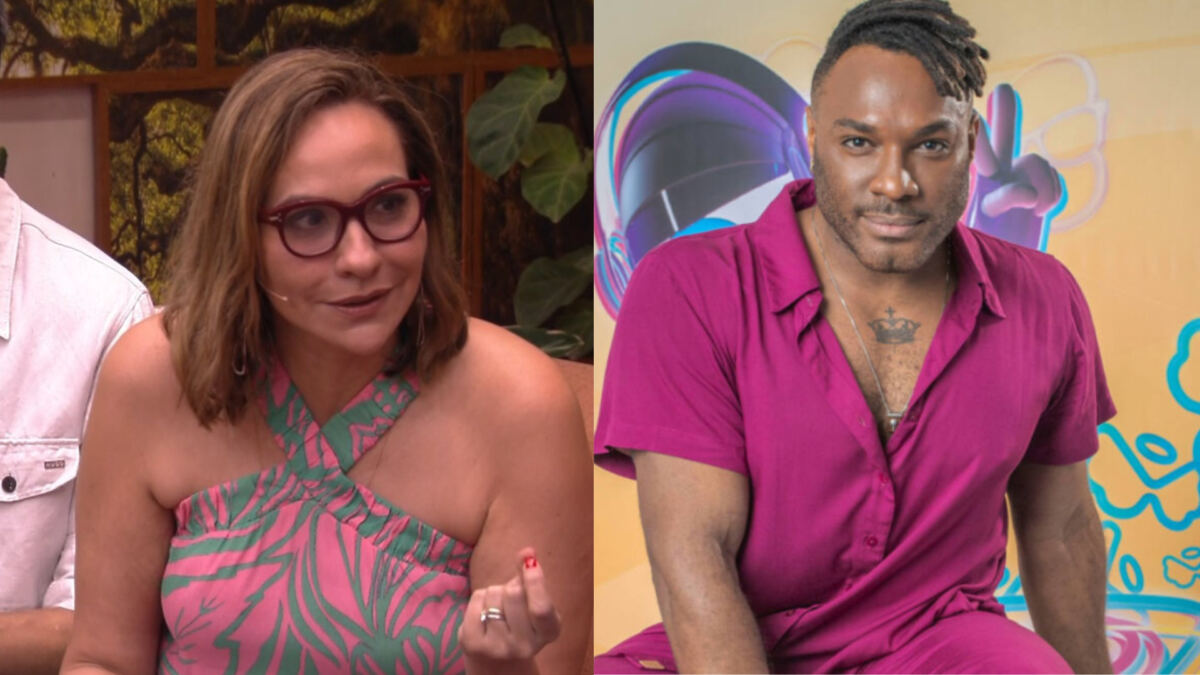 Montagem com duas imagens; na primeira Maria Beltrão aparece indignada comentando sobre Fred Nicácio no cenário do É de Casa; na segunda imagem; Fred posa para fotos oficiais do BBB 23