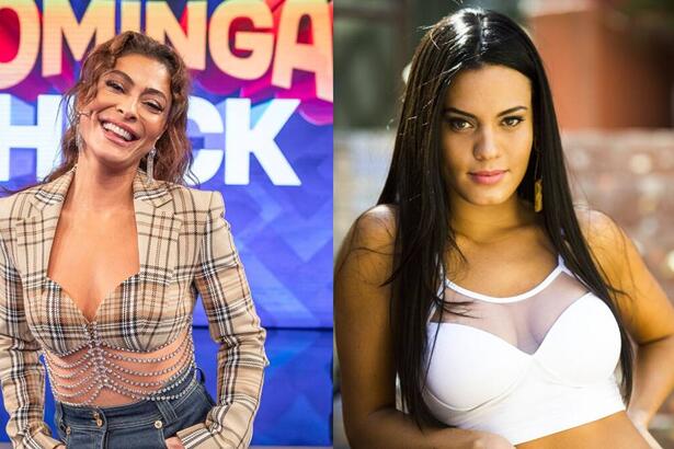 Juliana Paes de roupa xadrez no palco do Domingão com Hulk. Ao lado Letícia Lima com camisa branca.