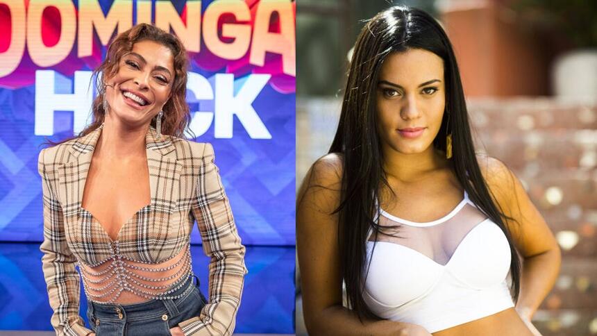 Juliana Paes de roupa xadrez no palco do Domingão com Hulk. Ao lado Letícia Lima com camisa branca.