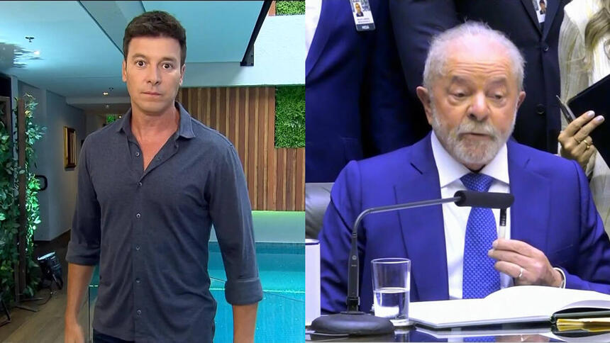 Montagem com Rodrigo Faro no seu programa na primeira imagem. Na segunda, Lula está segurando a caneta que assinava sua posse no Plenário da Câmara