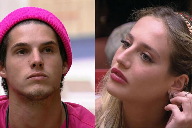 Gabriel e Bruna Griphao no sala do BBB 23 ouvindo recado de Tadeu Schmidt
