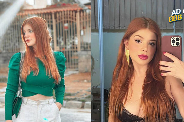 Montagem com duas imagens de Giovanna, candidata da Casa de Vidro do BBB 23. Na primeira ela está na rua usando uma blusa verde e saia curta jeans. Na segunda, a sister está tirando selfie em frente ao espelho