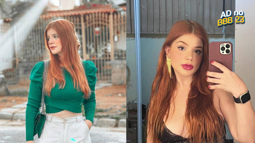 Montagem com duas imagens de Giovanna, candidata da Casa de Vidro do BBB 23. Na primeira ela está na rua usando uma blusa verde e saia curta jeans. Na segunda, a sister está tirando selfie em frente ao espelho