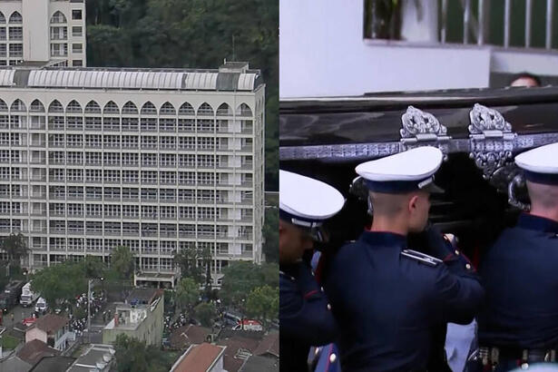 Montagem de fotos. Na primeira, a vista aérea do cemitério vertical onde Pelé foi sepultado. Na segunda, o caixão do rei do futebol é levado até o cemitério