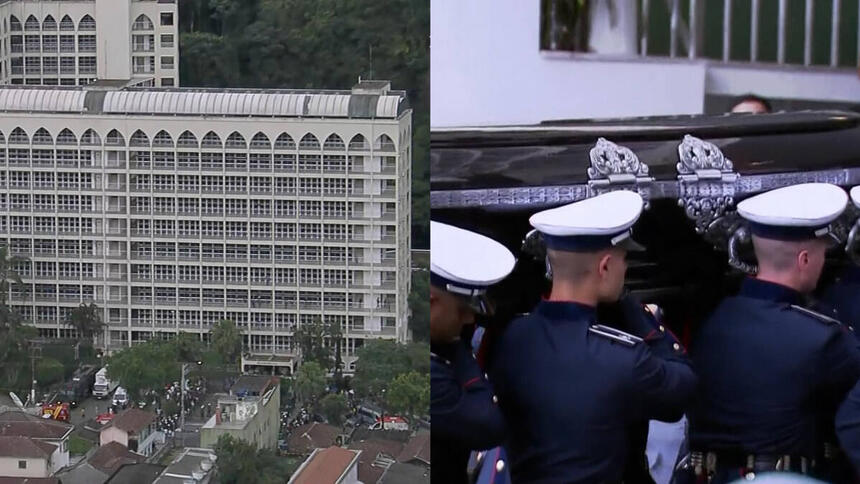 Montagem de fotos. Na primeira, a vista aérea do cemitério vertical onde Pelé foi sepultado. Na segunda, o caixão do rei do futebol é levado até o cemitério