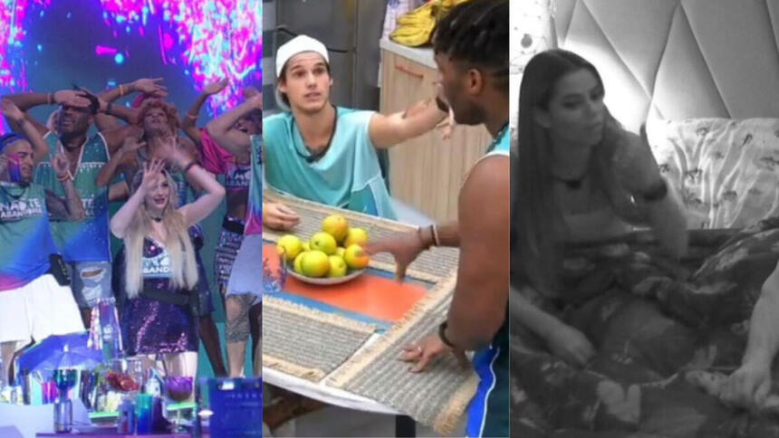 Montagem com três fotos da festa do BBB 23; na primeira Aline e seus colegas dançam ragatanda; na segunda Gabriel e Fred Nicácio aparecem brigando e na última, Key Alves conversa com Gustavo