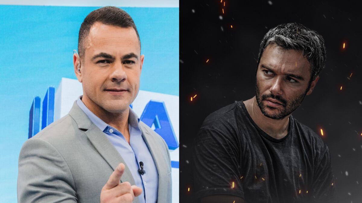 Montagem com duas imagens: Na primeira, Tino Jr. está no cenário do Balanço Geral RJ, na segunda, Nando da Bazuca aparece na arte de divulgação da série A Lei e o Crime