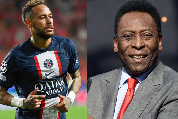 Neymar, com a camisa do PSG em campo, montagem com imagem de Pelé, de terno e gravata