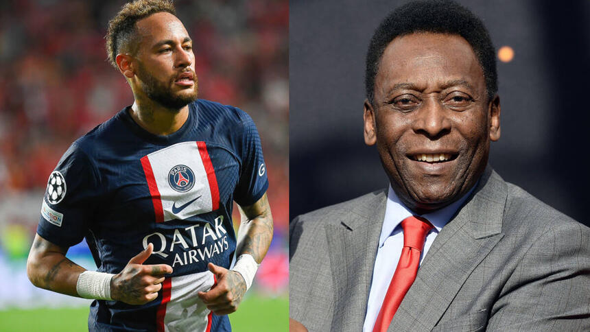 Neymar, com a camisa do PSG em campo, montagem com imagem de Pelé, de terno e gravata