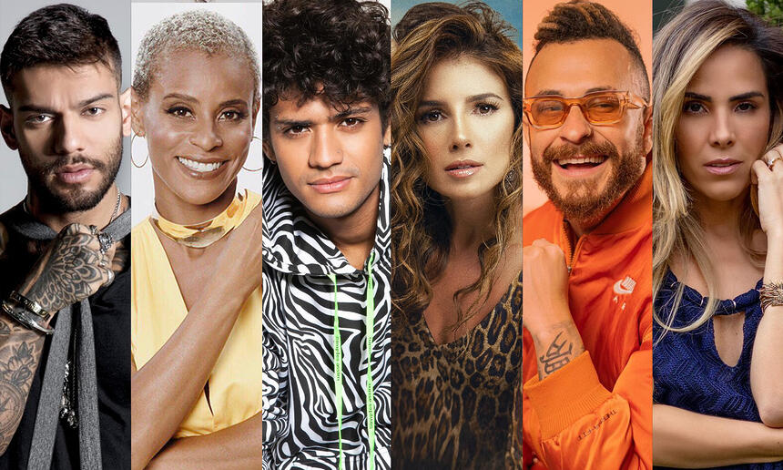 Montagem com 6 fotos de cotados para o BBB 23, como Paula Fernandes, Fred, Wanessa Camargo