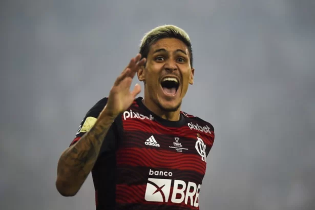 Pedro comemorando gol com a camisa do Flamengo