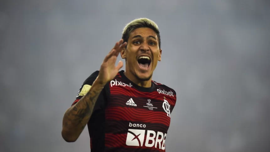 Pedro comemorando gol com a camisa do Flamengo