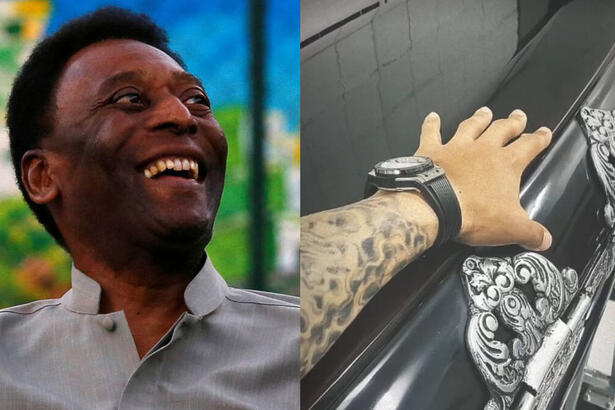 Montagem de Pelé, com sorriso aberto, e de uma imagem do caixão