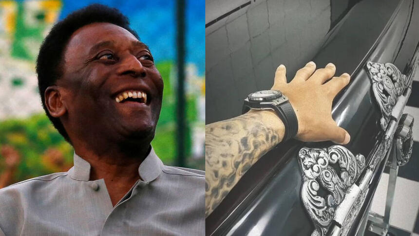 Montagem de Pelé, com sorriso aberto, e de uma imagem do caixão