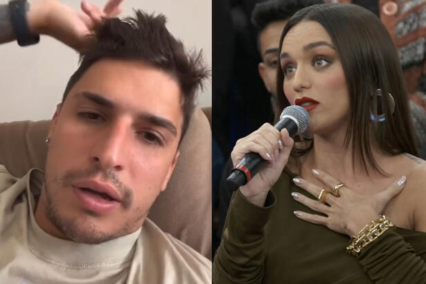 Imagem 1: Felipe Prior de camisa nude, gesticulando durante gravação para stories no Instagram; Imagem 2: Rafa Kalimann de vestido verde musgo, com a mão esquerda no peito, segurando o microfone, sentada durante entrevista no Altas Horas