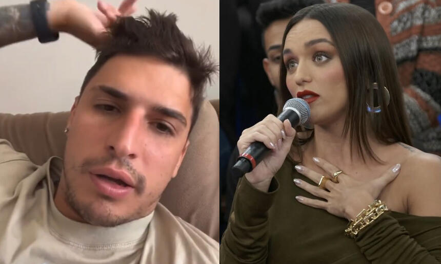 Imagem 1: Felipe Prior de camisa nude, gesticulando durante gravação para stories no Instagram; Imagem 2: Rafa Kalimann de vestido verde musgo, com a mão esquerda no peito, segurando o microfone, sentada durante entrevista no Altas Horas