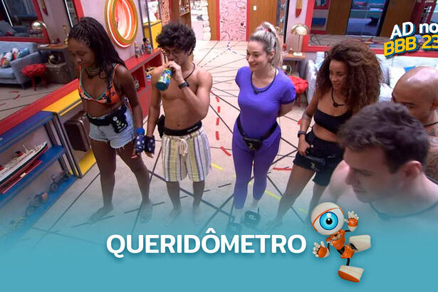 Brothers do BBB 23 na sala, olhando para o Queridômtero no telão