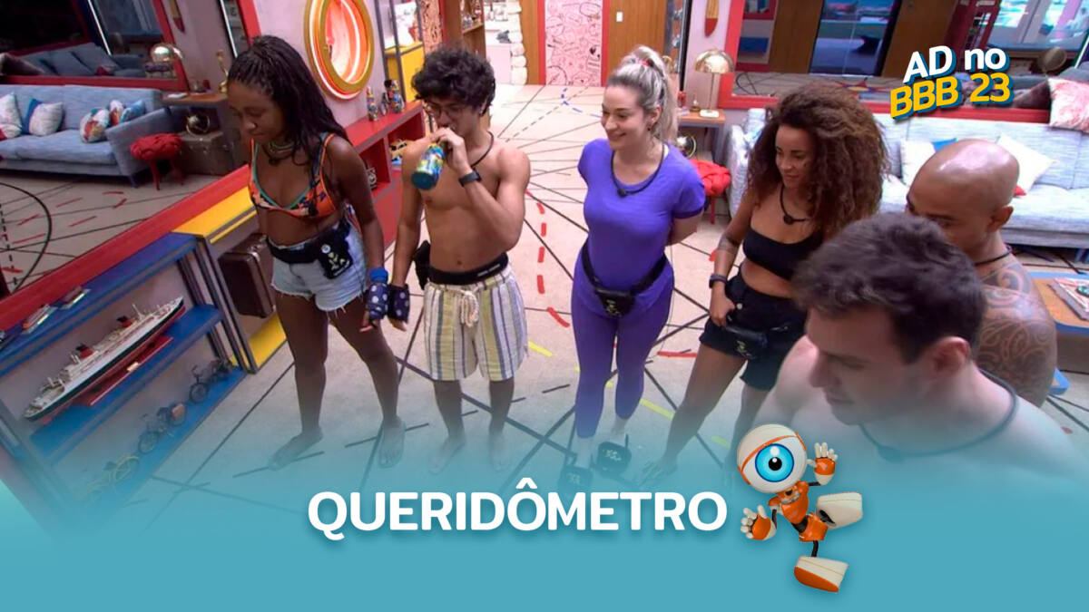 Brothers do BBB 23 na sala, olhando para o Queridômtero no telão