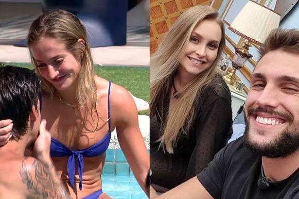 Montagem mostra Bruna Griphao com Gabriel na piscina do BBB 23 e Carla Diaz com Arthur Picoli no BBB 21