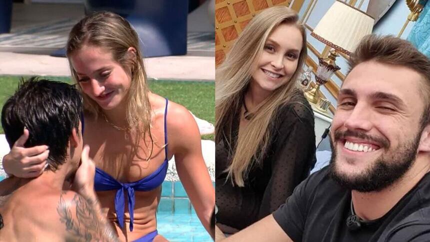 Montagem mostra Bruna Griphao com Gabriel na piscina do BBB 23 e Carla Diaz com Arthur Picoli no BBB 21