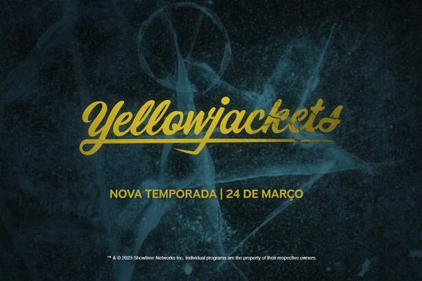 Capa de divulgação da série Yellowjackets da Paramount+ com fundo escuro e letras na cor amarela.