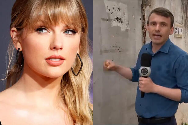 Imagem 1: Taylor Swift de franja, cabelo solto, de brinco, olhando na diagonal; Imagem 2: reporter do Balanço Geral de camisa azul, calça preta, segurando um microfoone em frente a uma casa