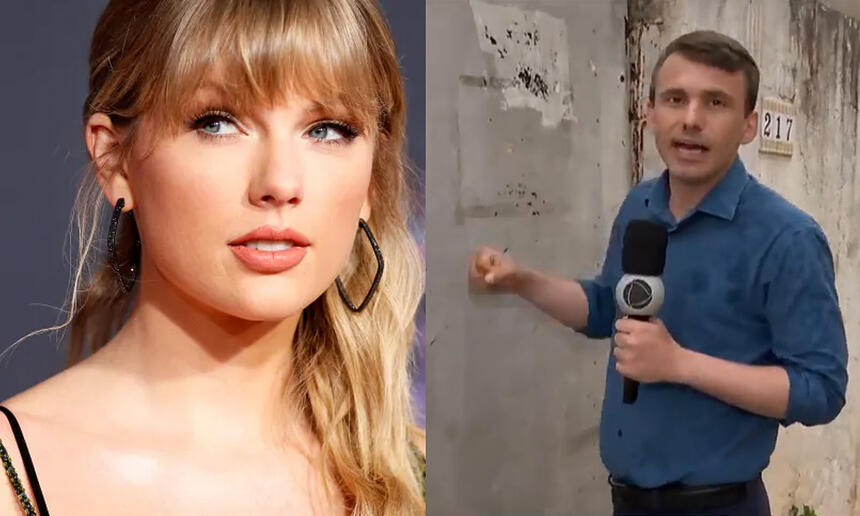 Imagem 1: Taylor Swift de franja, cabelo solto, de brinco, olhando na diagonal; Imagem 2: reporter do Balanço Geral de camisa azul, calça preta, segurando um microfoone em frente a uma casa