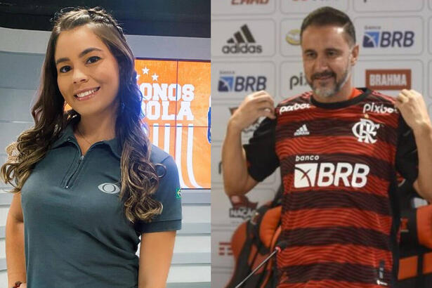 Montagem de Thatiana Tavares, nos estúdios da Band Rio, e Vitor Pereira, com a camisa do Flamengo, em trecho da apresentação oficial