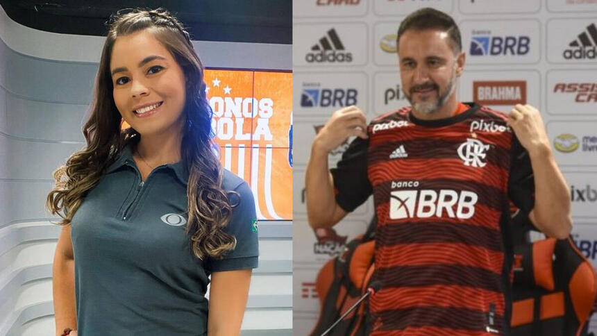 Montagem de Thatiana Tavares, nos estúdios da Band Rio, e Vitor Pereira, com a camisa do Flamengo, em trecho da apresentação oficial