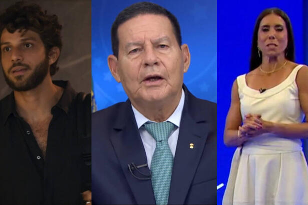 Montagem de Chay Suede, como Ari em Travessia; Mourão em pronunciamento oficial, e Mônica Teixeira, no estúdio da Queima de Fogos