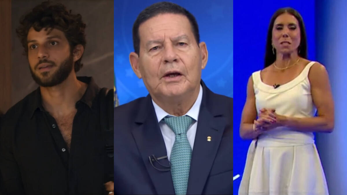 Montagem de Chay Suede, como Ari em Travessia; Mourão em pronunciamento oficial, e Mônica Teixeira, no estúdio da Queima de Fogos