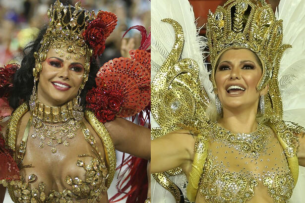 Imagem 1: Viviane Araujo com figurino de rainha de bateria do Salgueiro, com detalhes em vermelho, branco, dourado e amarelo; Imagem 2: Antonia Fontenelle sorrindo, com look amarelo, ombreiras de brilhantes e asas repletas de pluma branca